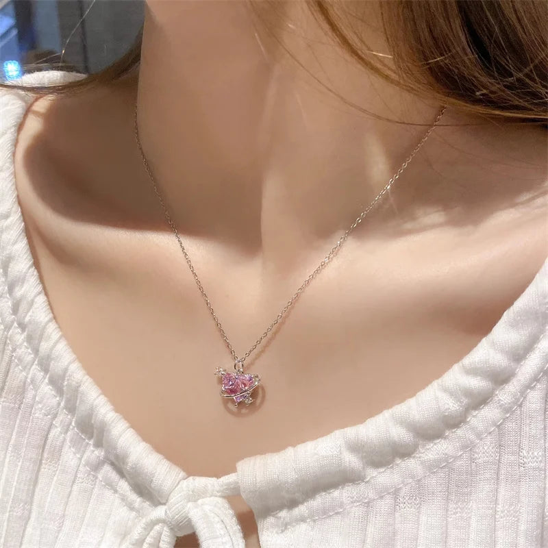 Y2K Pink Planet Heart Zircon Pendant Necklaces Women Fashion Aesthetic Clavicle Chain Necklace Valentines Day Gift Party Jewelry