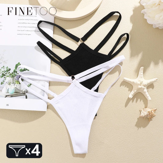 FINETOO 4Pcs Cotton Double Thin Belts Underwear for Women Sexy Low Waist Striped Thongs Ladies Soild Panties Breathable Lingerie