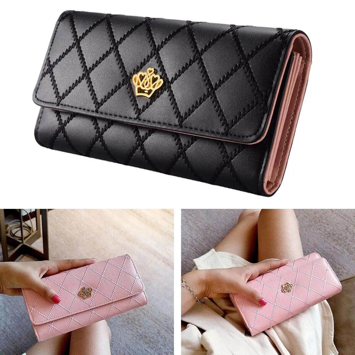 Black Long Wallets for Women PU Leather Diamond Pattern Purse Card Holder Crown Buckle Ladies Phone Bag Fashion Clutch Bag