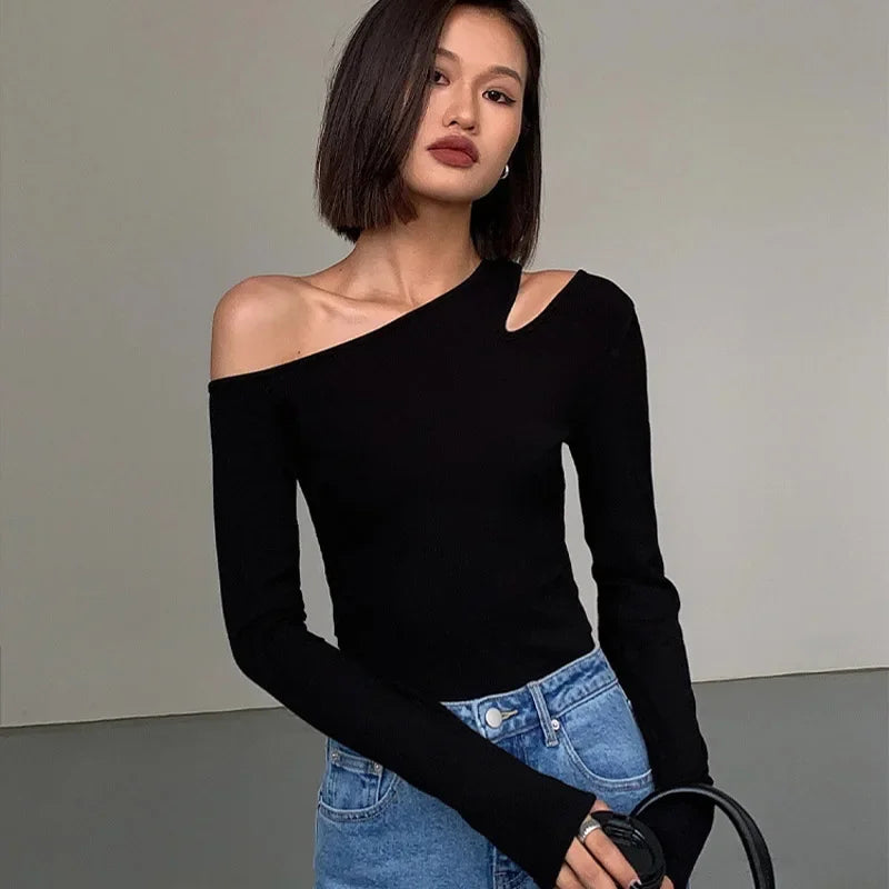 Fashionable Skew Collar Off-Shoulder T-Shirt for Women