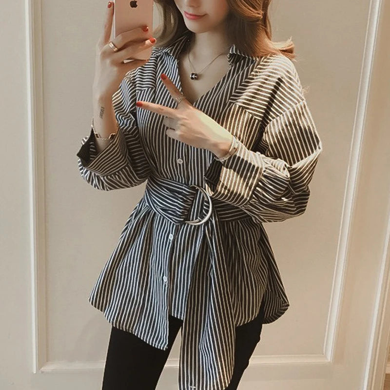 Women's Striped Shirt – Belted, Loose Fit, Long Sleeve Casual Blouse