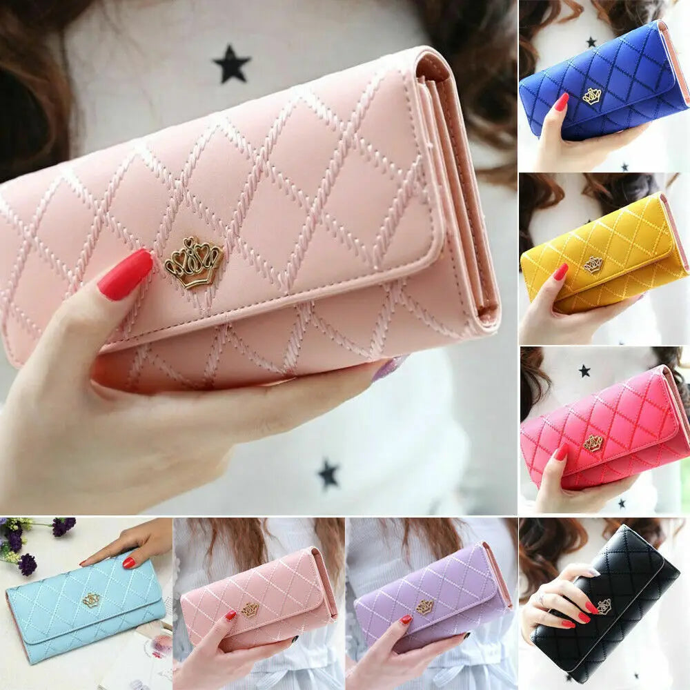 Black Long Wallets for Women PU Leather Diamond Pattern Purse Card Holder Crown Buckle Ladies Phone Bag Fashion Clutch Bag