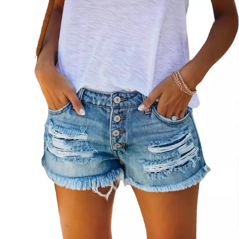 Ripped Vintage Denim Women Jeans Shorts Washed Tassel Button High Waist Holes Spliced Summer Pockets Distressed 2025 Basics