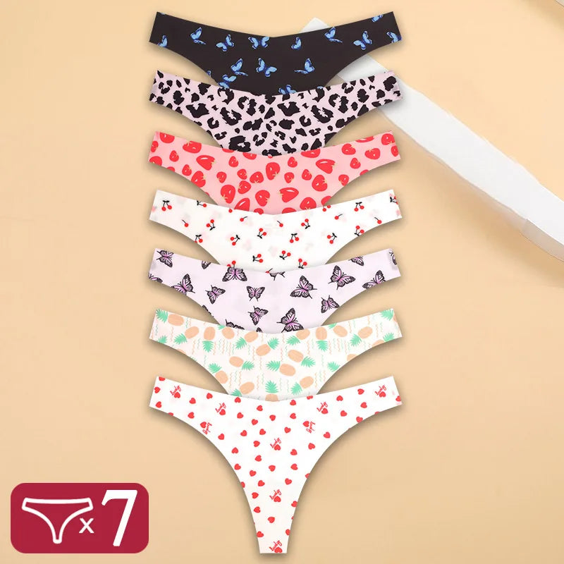 FINETOO 7Pcs Ice Silk G-String Lady Sexy Thong Women One Piece Seamless Girl Panties Fresh Low Waisted Underwear Print Underwear