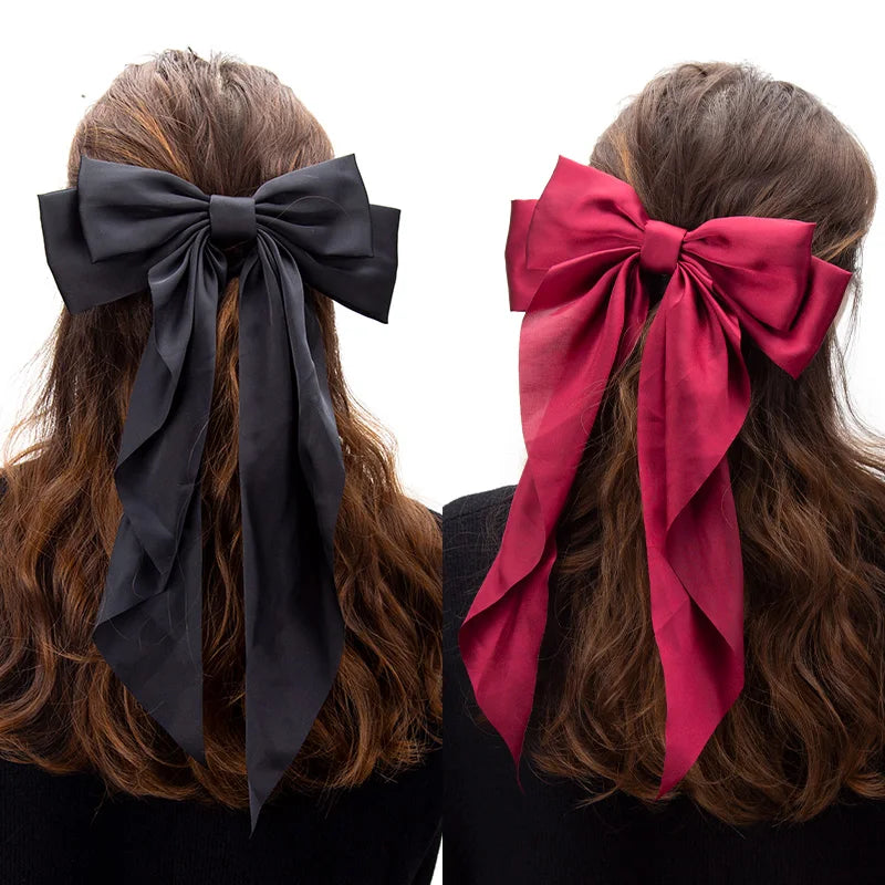 Elegant Bow Ribbon Hair Clip for Women Fashion Solid Satin Black Clip Simple Hairpin Headband with Clips Girls Hair Accessories