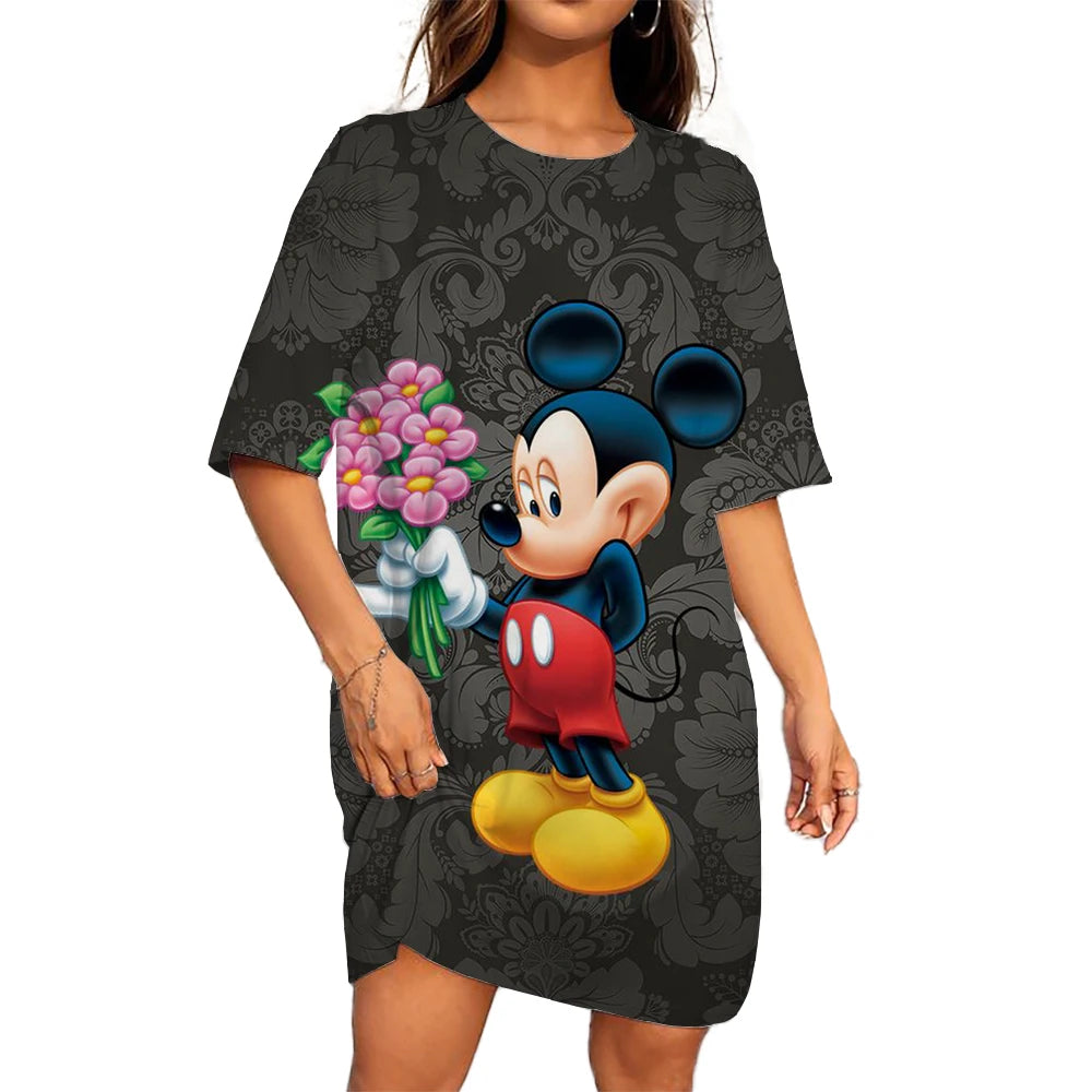 Disney Mickey Mouse Casual Dress – Loose Fit, Round Neck, Short Sleeve, Summer Party Style.