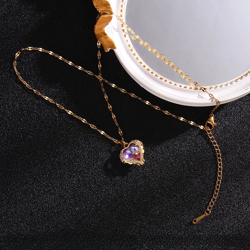 Luxury Colorful Crystal Ocean Heart Pendant Necklace For Women Korean Fashion Stainless Steel Neck Chain Female Wedding Jewelry