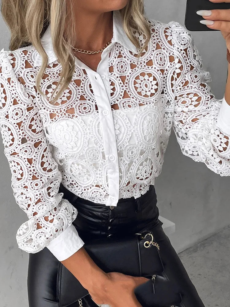 Women's Lace Blouse – Elegant Long Sleeve Button-Up Shirt, Office Chic (2024)