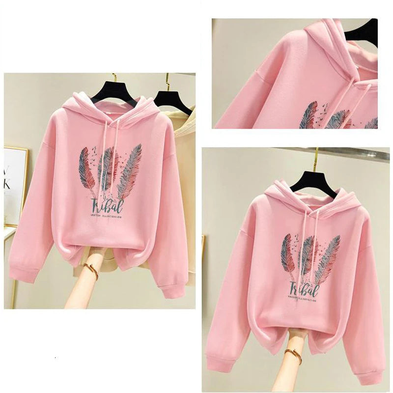 Fashionable Feather Printed Hoodie for Women