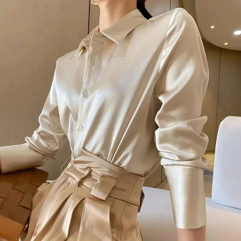 Women's Satin Shirt – Elegant Slim Fit, Long Sleeve Office Blouse (2024)