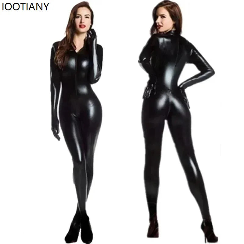 Women Two-way Zipper Open Crotch Imitation Leather Jumpsuit Ds Latex Cat Women Fancy Bodysuit Nightclub Stage Performance Outfit