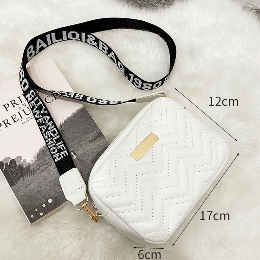 Fashion Wave Pattern Women Shoulder Bag Solid Color Crossbody Bag PU Leather Wide Shoulder Strap Bag Purse Female Handbags