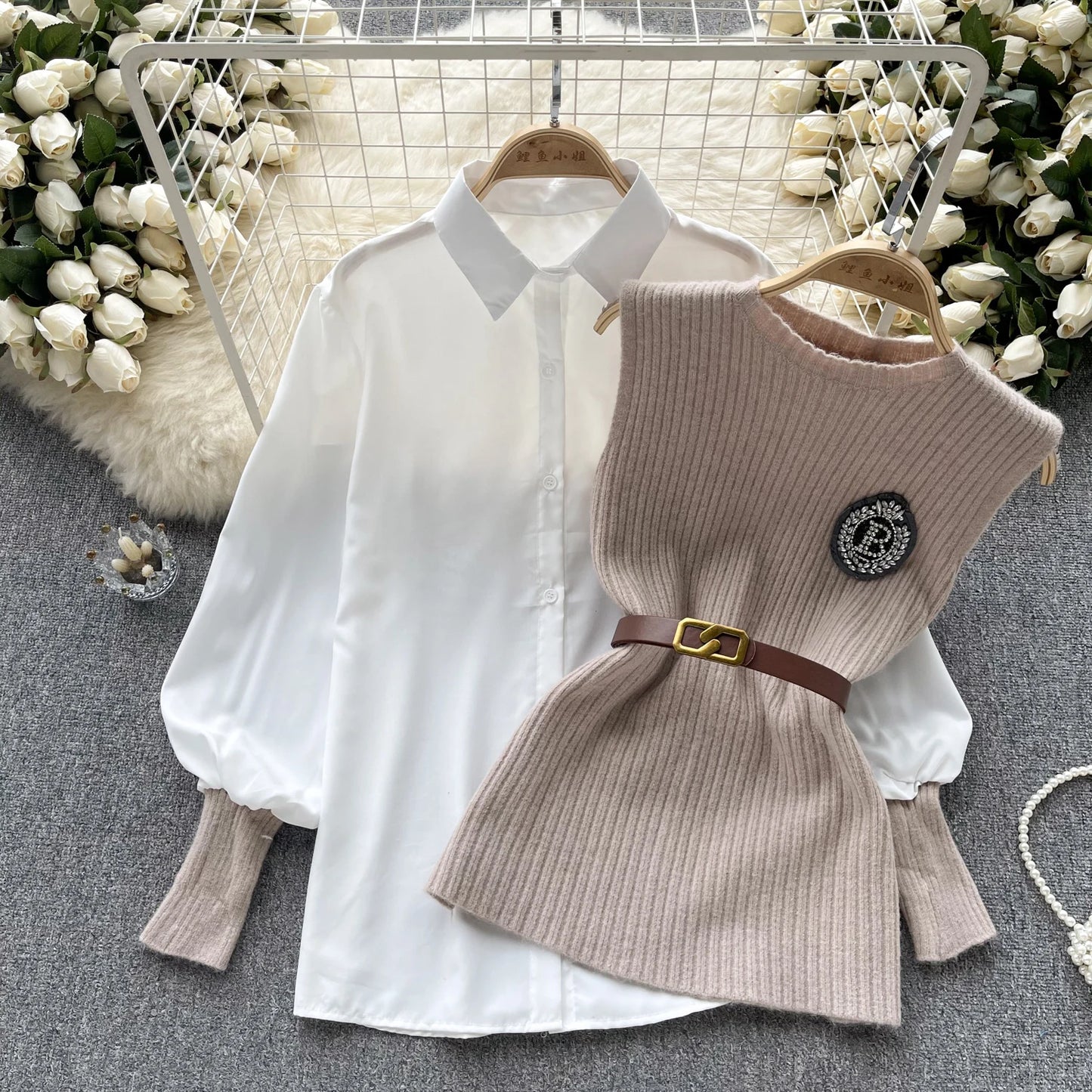 Korean Knitted Vest & Lantern Sleeve Blouse – Elegant Autumn Set