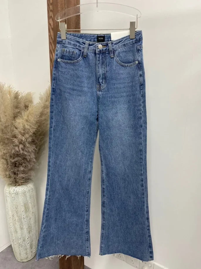 Women Jeans High Waist Wide Leg Denim Pants Ripped Tassel Hem Overlength Trousers Streetwear