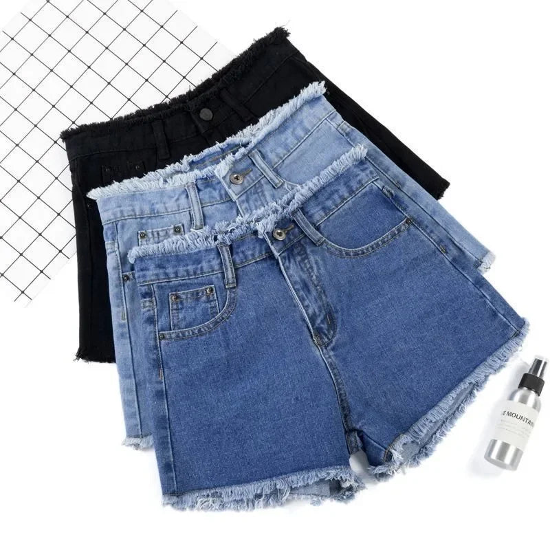 Summer Woman High Haist Jeans Shorts Fashion Rough-edges Denim Short Pants Schoolgirl Casual Pants Blue Black White Jeans