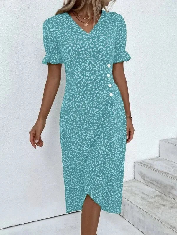 Elegant Summer Floral Midi Dress – V-Neck, Puff Sleeves, Pleated H-Shape, Ruched Waist, Button Detail.