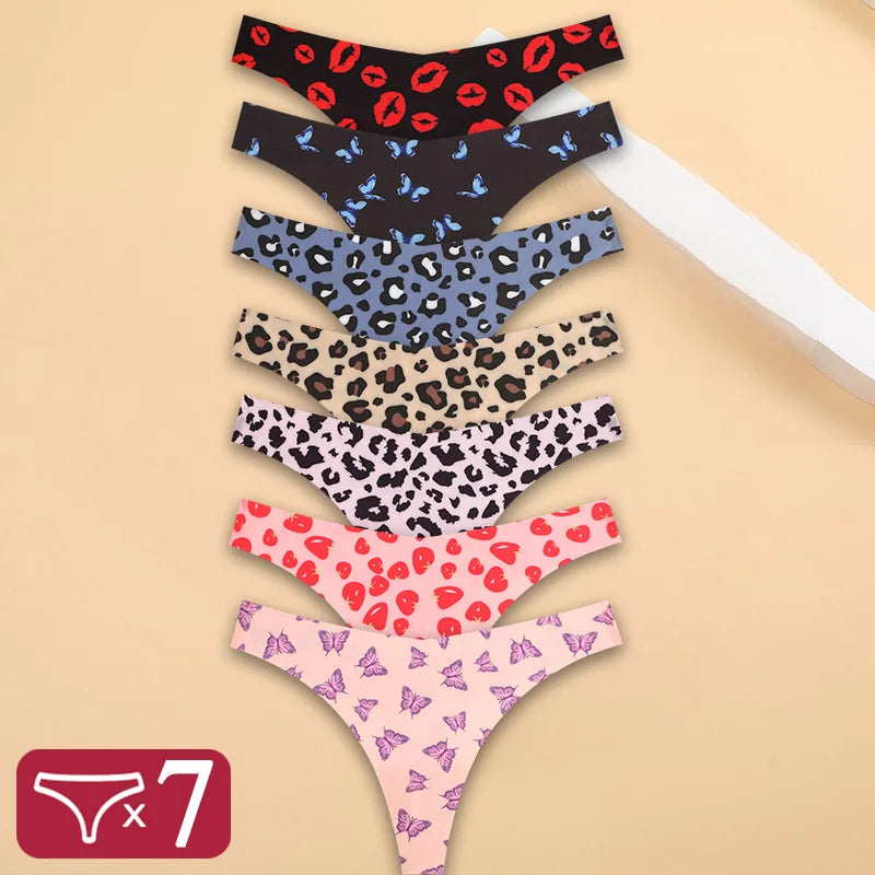 FINETOO 7Pcs Ice Silk G-String Lady Sexy Thong Women One Piece Seamless Girl Panties Fresh Low Waisted Underwear Print Underwear