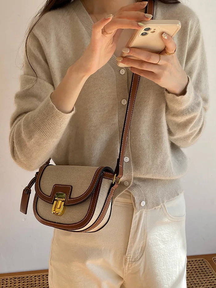 Style Contrast Panel Canvas Retro One Shoulder Crossbody Saddle Bag