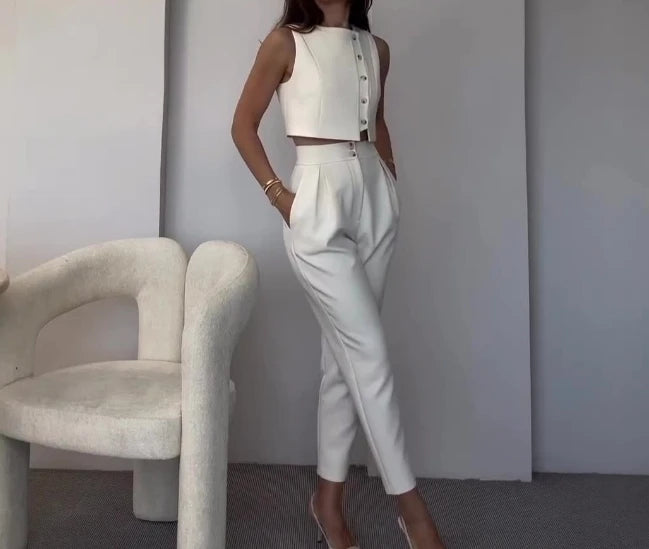 Women's Pants Set 2024 Spring/Summer New Casual Sleeveless Vest Top High Waist Straight Leg Pants Solid Color Two Piece Set