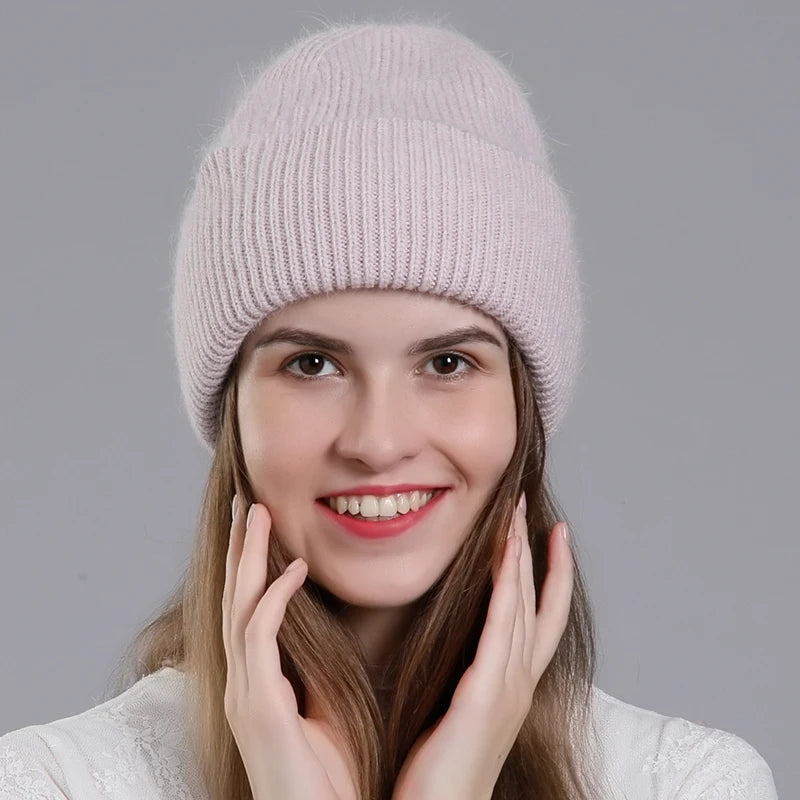 CNTANG Real Rabbit Fur Hat Winter Warm Beanies For Women Fashion Cute With Decorate Rhinestone Cap Female Casual Knitted Hats