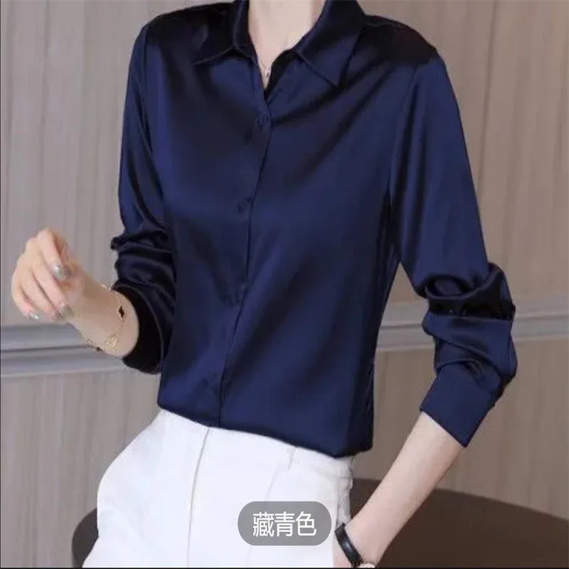 Women's Satin Shirt – Elegant Slim Fit, Long Sleeve Office Blouse (2024)