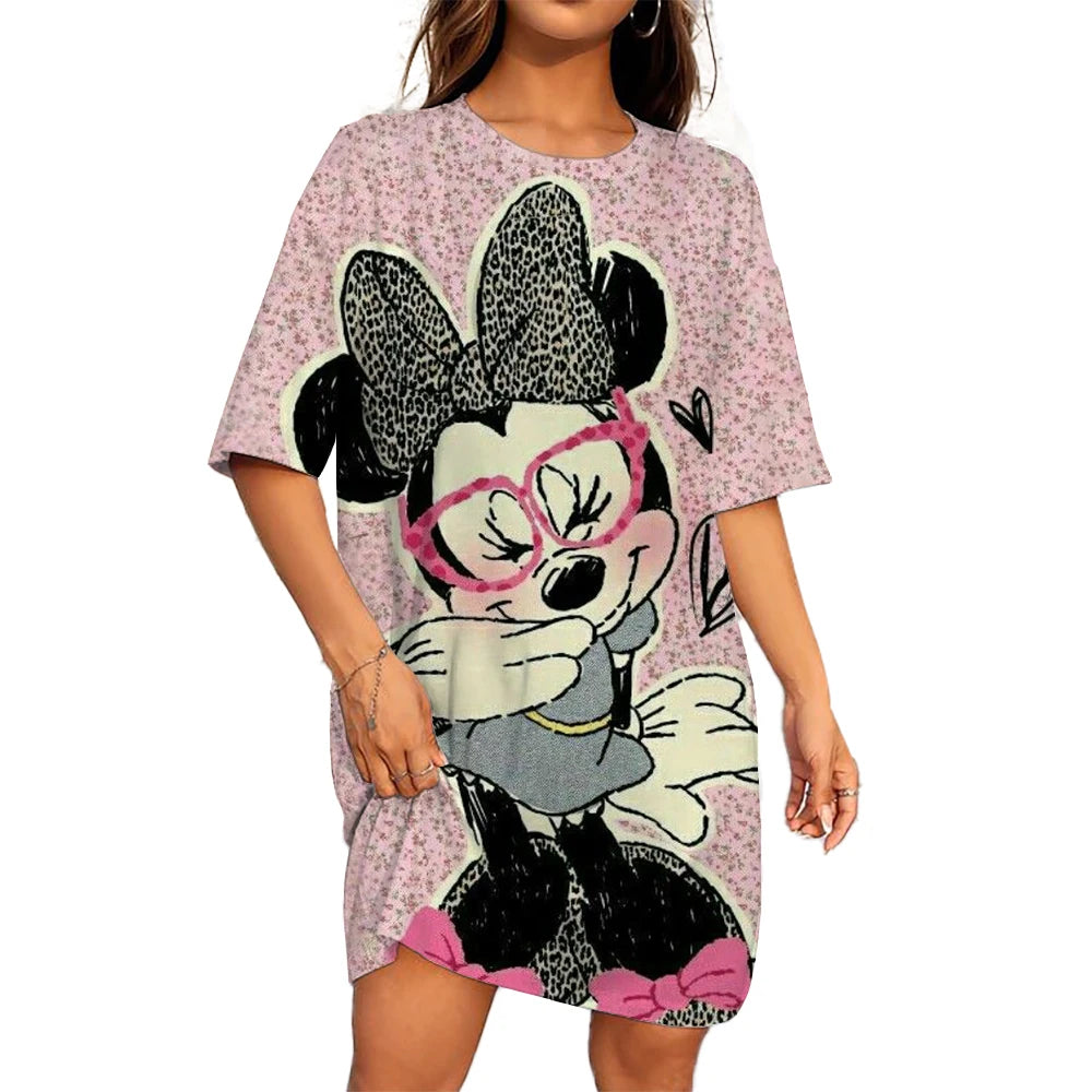 Disney Mickey Mouse Casual Dress – Loose Fit, Round Neck, Short Sleeve, Summer Party Style.