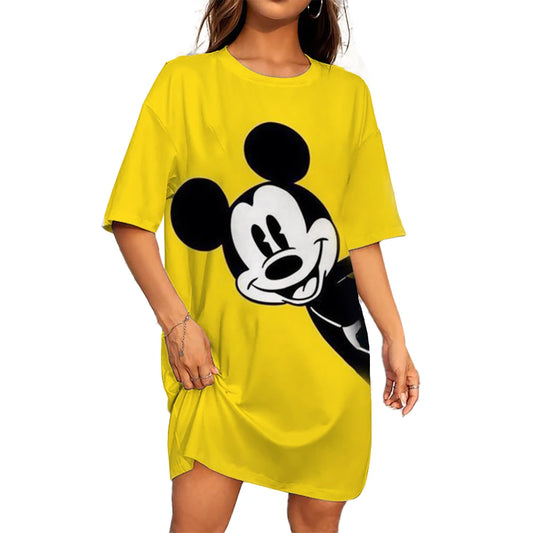 Disney Mickey Mouse Casual Dress – Loose Fit, Round Neck, Short Sleeve, Summer Party Style.