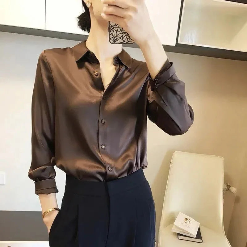 Women's Satin Shirt – Elegant Slim Fit, Long Sleeve Office Blouse (2024)