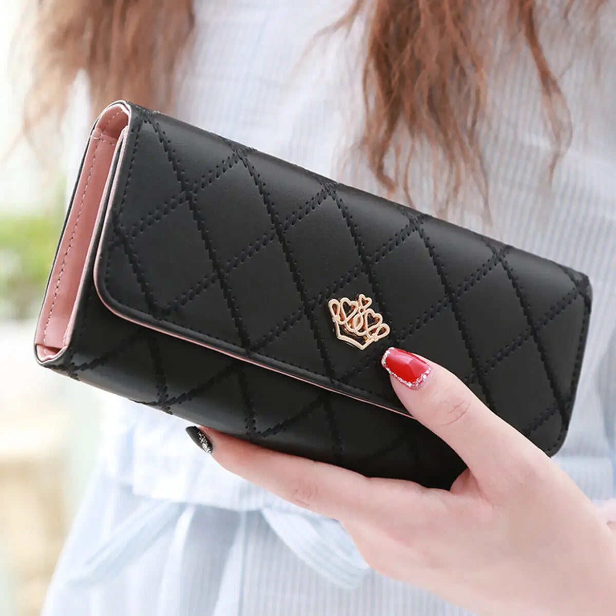 Black Long Wallets for Women PU Leather Diamond Pattern Purse Card Holder Crown Buckle Ladies Phone Bag Fashion Clutch Bag