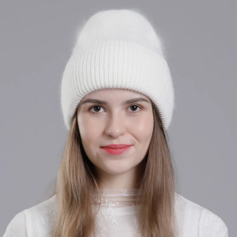 CNTANG Real Rabbit Fur Hat Winter Warm Beanies For Women Fashion Cute With Decorate Rhinestone Cap Female Casual Knitted Hats