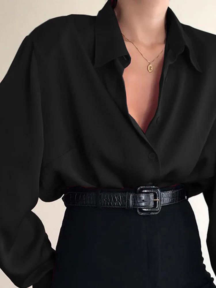 Women Button Blouses Turn Down Collar Shirts Office Lady Long Sleeve Casual Blouse Loose OL Shirt Baggy Tops Red/Wine Red /Black