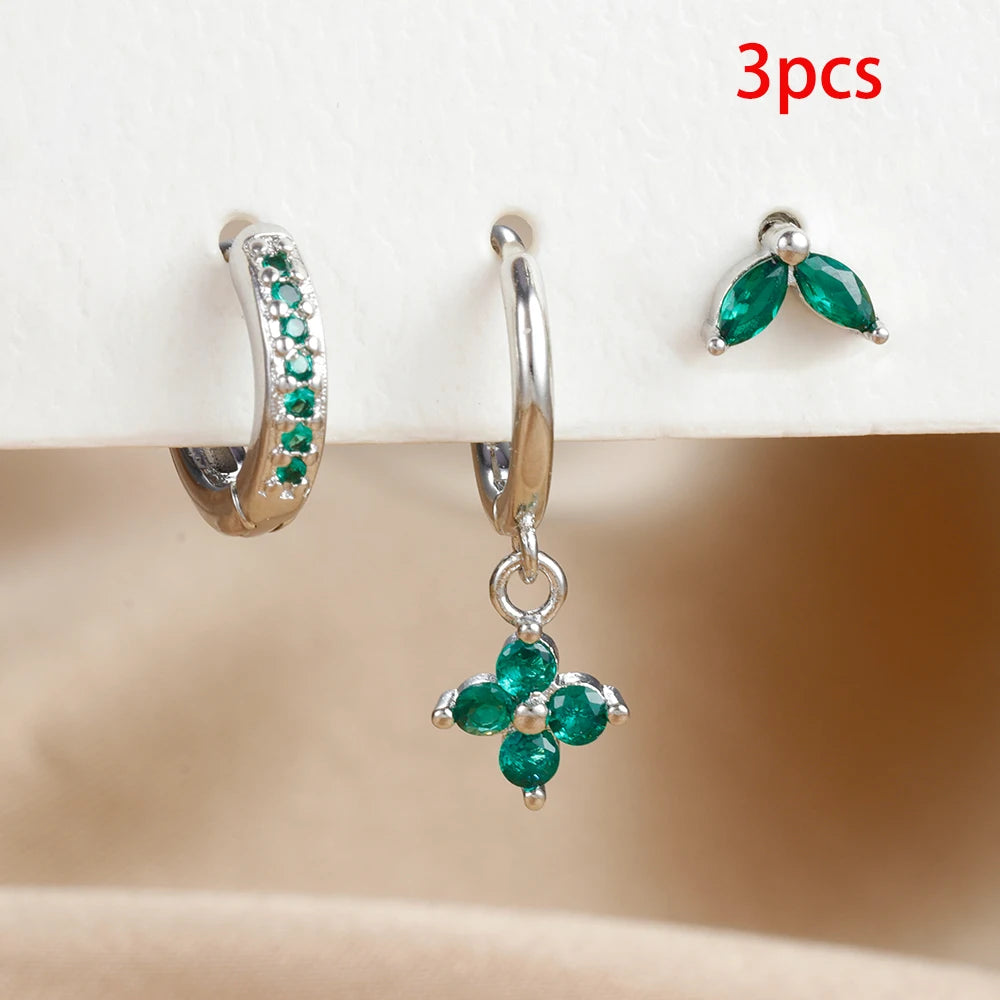 3PCS Exquisite Green Zircon Hanging Earrings Set for Women Stainless Steel Flower Dangle Earring Cartilage Piercing Jewelry