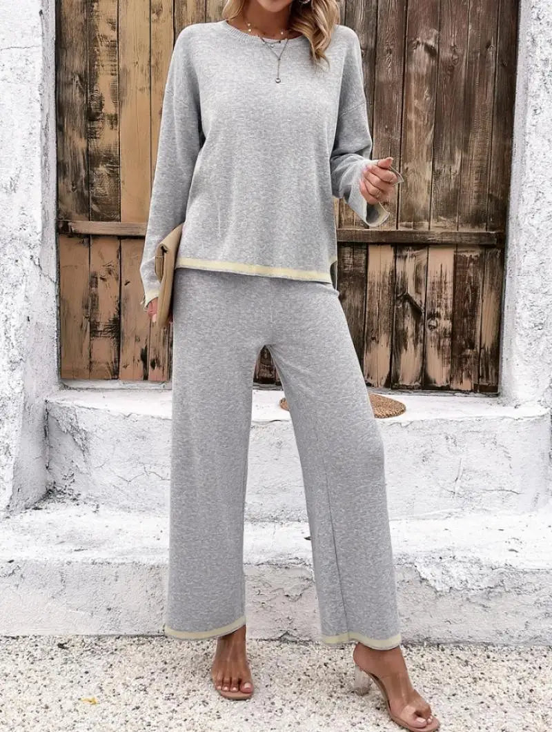 Elegant Women's Sets Casual Solid Color Contrasting Knitted Sweater Long Sleeved Long Pants Straight Leg Casual Pajama Pants Set