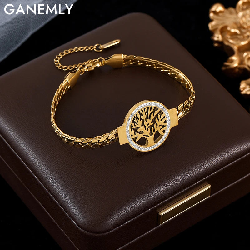 GANEMLY 316L Stainless Steel Tree of Life Bracelet For Women Fashion 18K Gold Plated Wrist Chain Waterproof Jewelry Lady Gift