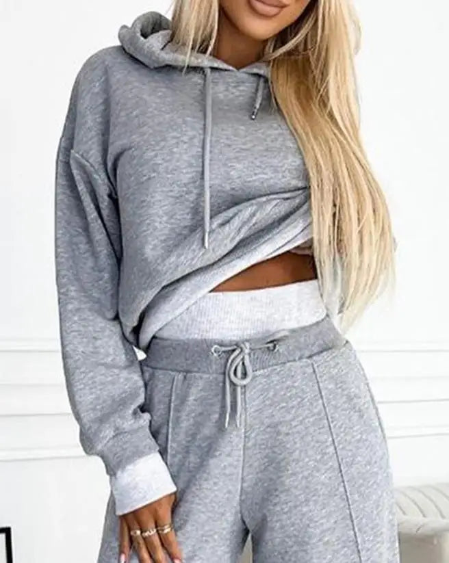 Two Piece Set for Women 2023 Autumn Winter Sports Style Contrasting Colors Fake Two Piece Hoodie & High Waist Wide Leg Pant Set