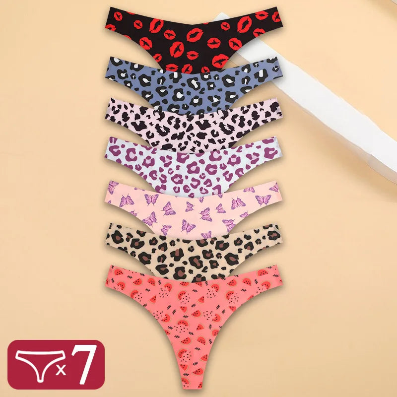 FINETOO 7Pcs Ice Silk G-String Lady Sexy Thong Women One Piece Seamless Girl Panties Fresh Low Waisted Underwear Print Underwear