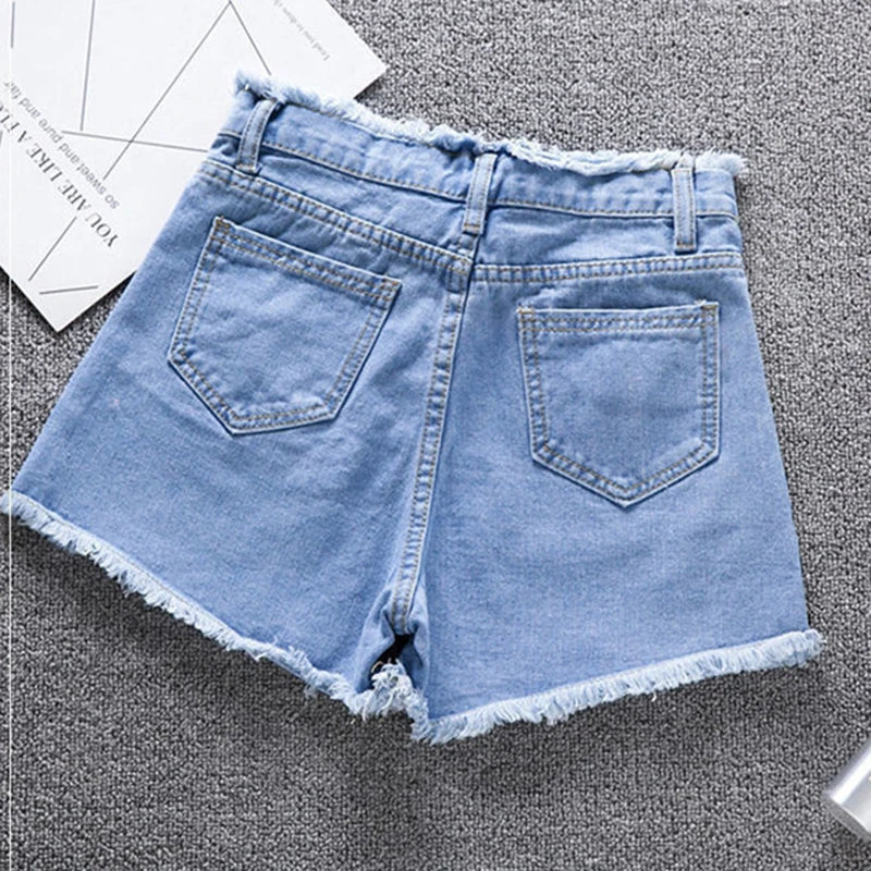 Summer Woman High Haist Jeans Shorts Fashion Rough-edges Denim Short Pants Schoolgirl Casual Pants Blue Black White Jeans