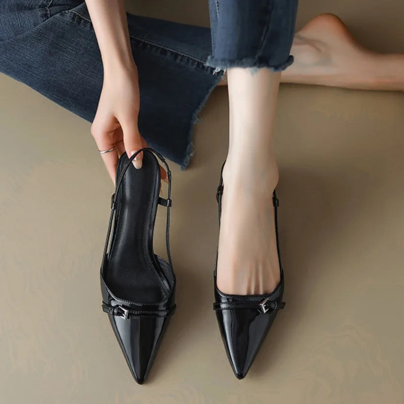 2024 New Summer Women's Dress Shoes Patent Leather Slip on Pointed Toe Sandals Buckle Slingbacks Mid Heels Pumps Sandalias Mujer