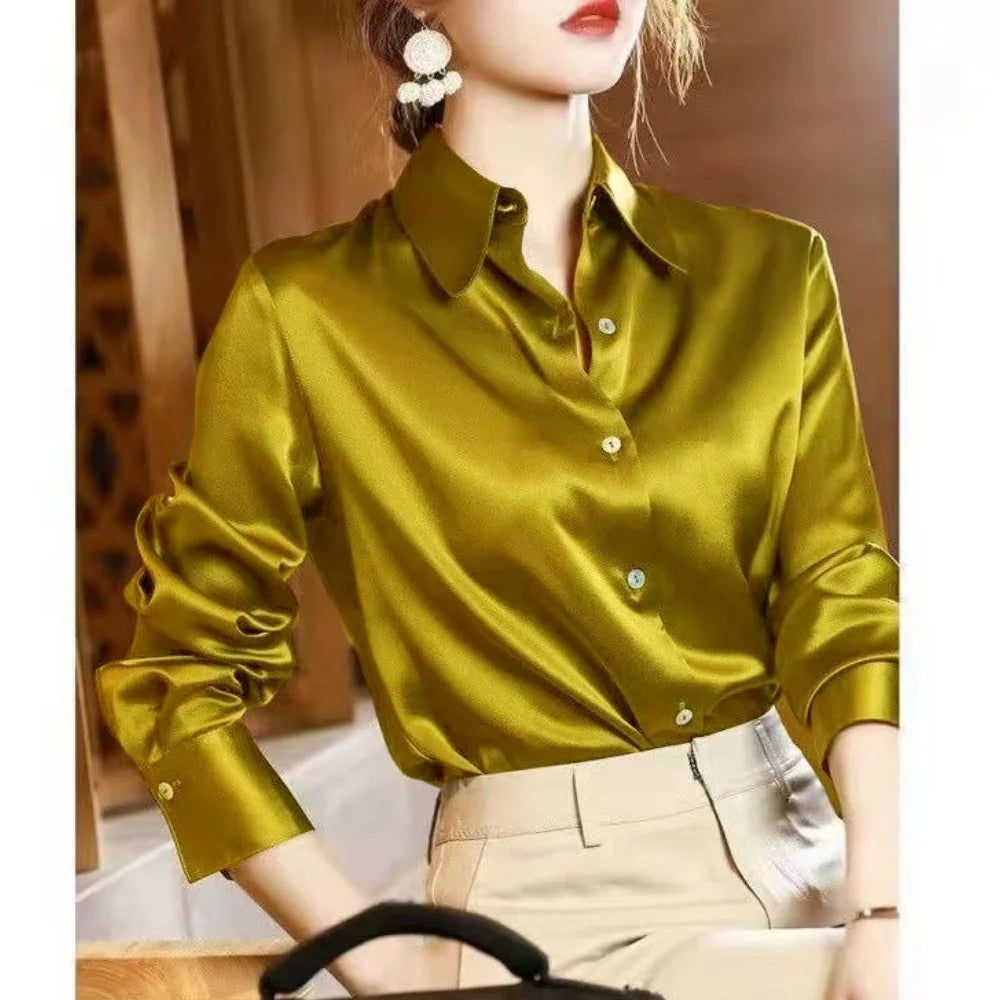 Women's Satin Shirt – Elegant Slim Fit, Long Sleeve Office Blouse (2024)