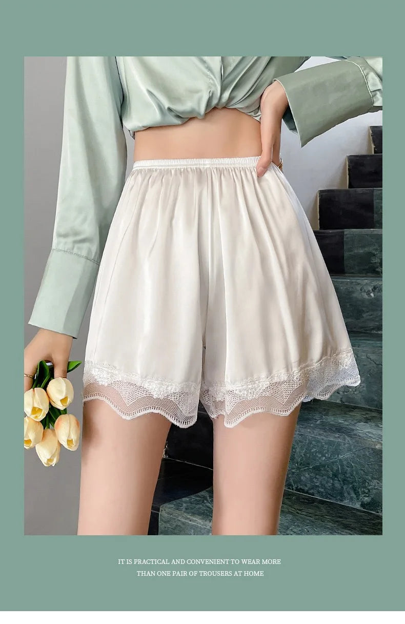 1pcs Women's Summer Lace Underwear Female Thin Soft Satin Knickers In Loose Safety Pants Lady Ice Silk Comfort Home Shorts