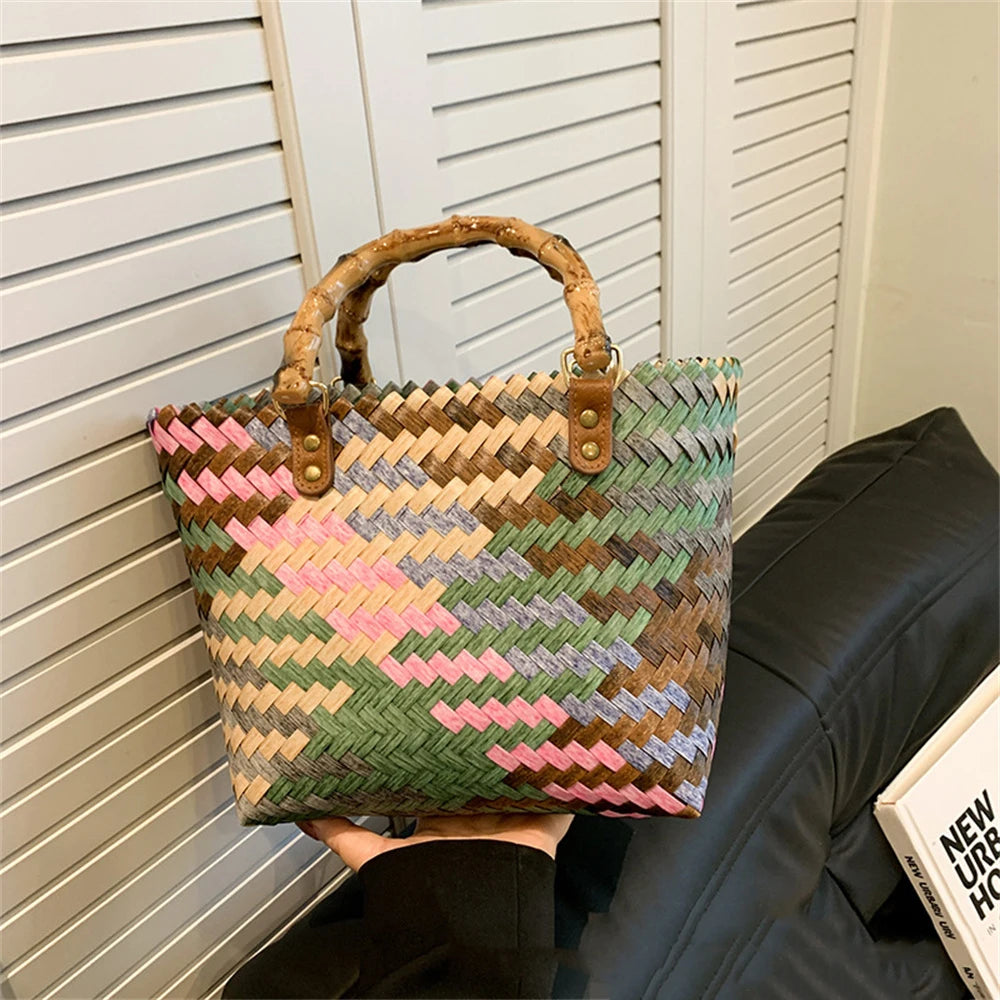 Retro Imitation Rattan Woven Bag Women's Boho Handbag Summer Beach Large Capacity Shoulder Bag 2024 New Fashion женская сумочка