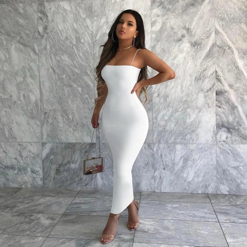 Women Solid White Black Strap Midi Dress Bodycon Sexy Streetwear Party Club Elegant Fashion Clothes