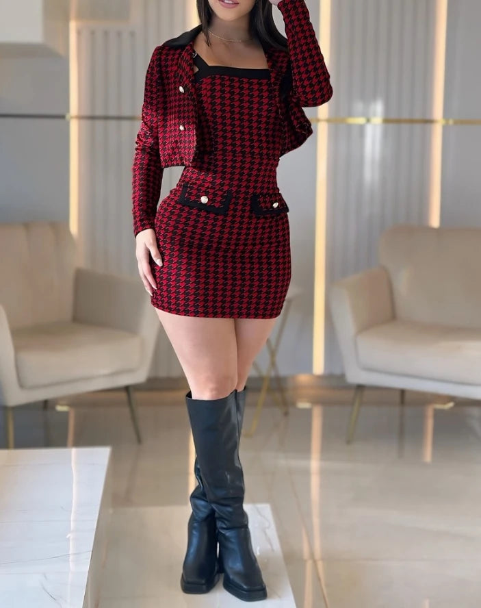 Sexy Elegant 2Pcs Houndstooth Print Slip Bodycon Dress & Button Decor Crop Coat New Fashion 2024 Autumn Winter Casual