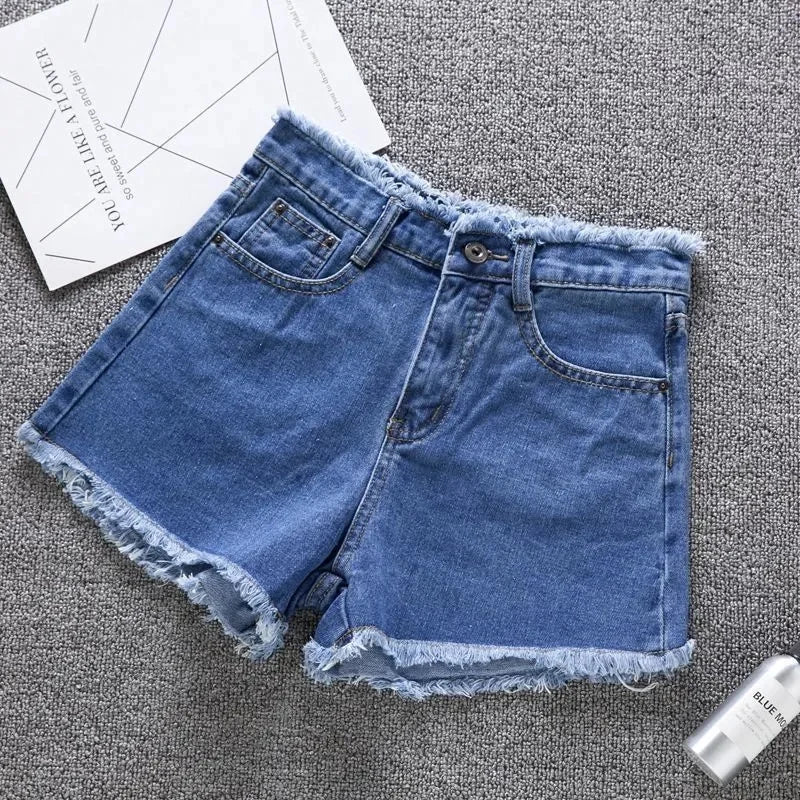 Summer Woman High Haist Jeans Shorts Fashion Rough-edges Denim Short Pants Schoolgirl Casual Pants Blue Black White Jeans