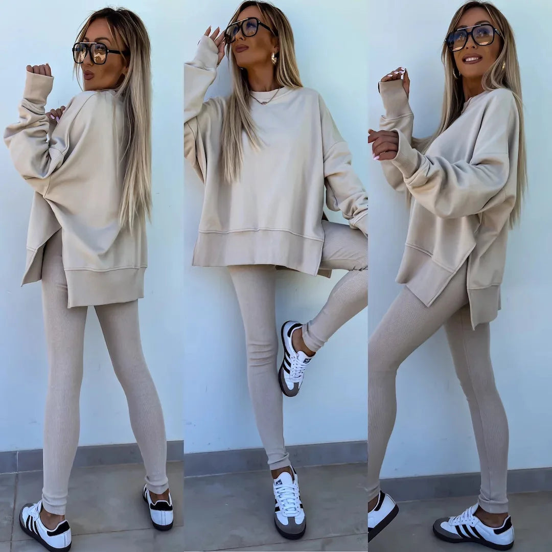 Women Pant Sets Two Pieces Tracksuit Solid Loose Sweatshirts Split Pullover Pencil Pants High Street Autumn Winter 2024