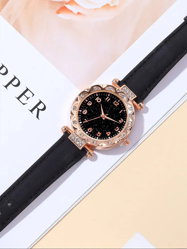 3PCs Fashion Versatile Starry Sky Diamond Embedding Women's Belt Quartz Watch with Diamond Embedding Bracelet Set