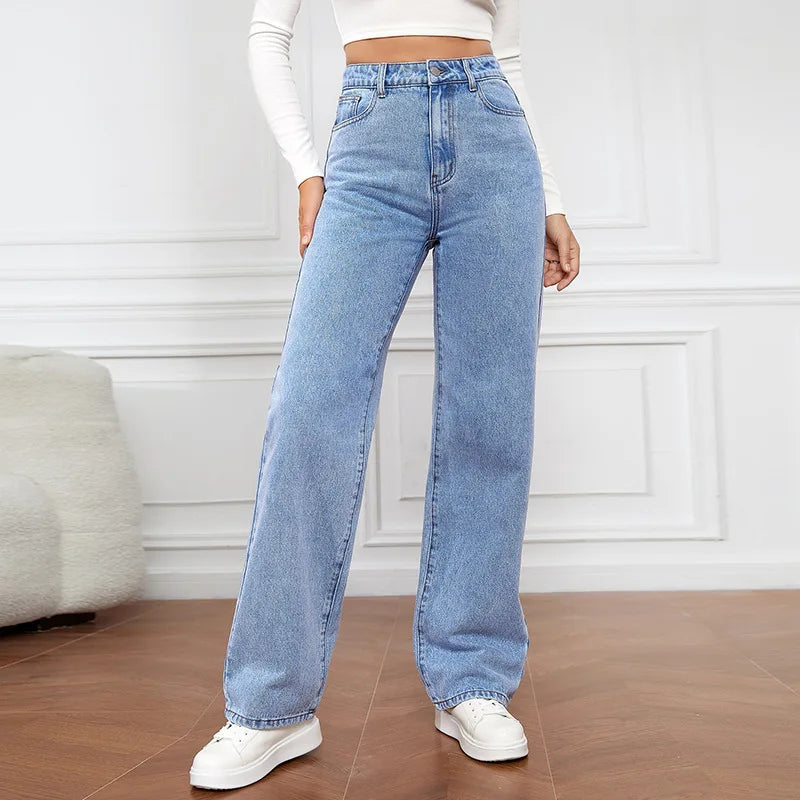 Europe and America New Fashion Washed High-waisted Jeans, Women's Spring and Summer New Straight Pants, Casual Wide-leg Pants