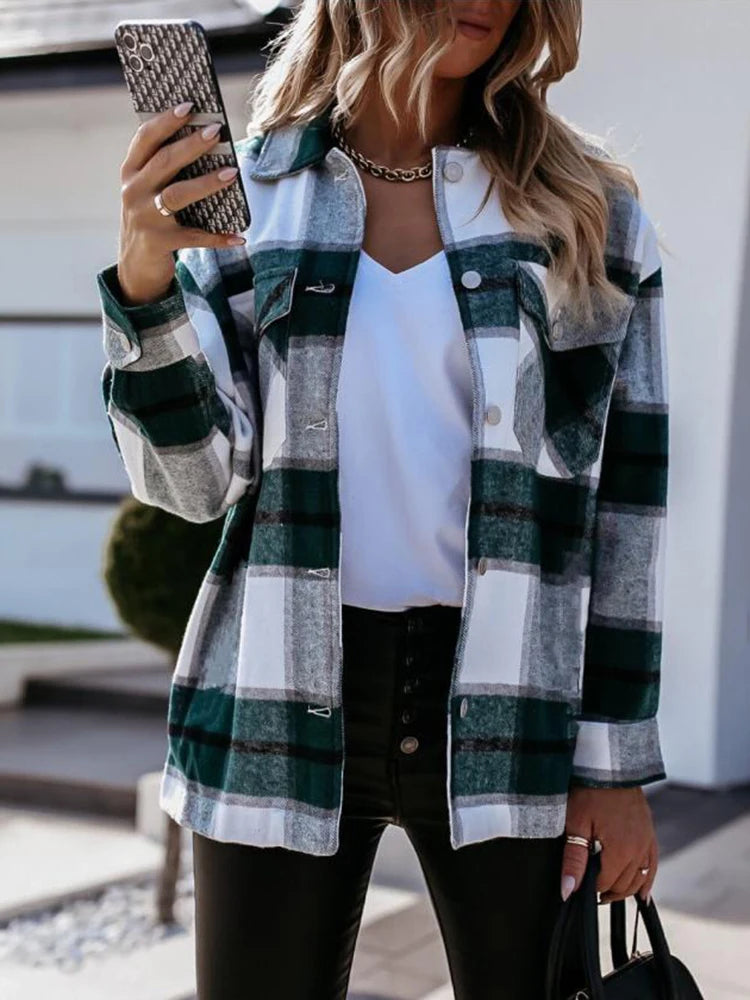 Women's Plaid Button-Up Shirt – Long Sleeve, Loose Fit, Casual Fashion