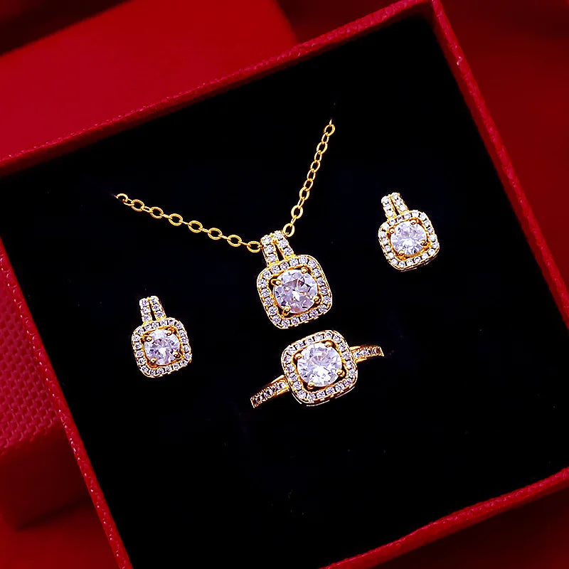 Fashion Square Zircon Necklace Earrings Ring Set For Women Luxury Wedding Engagement Jewelry Set Shining Party Jewelry Gifts