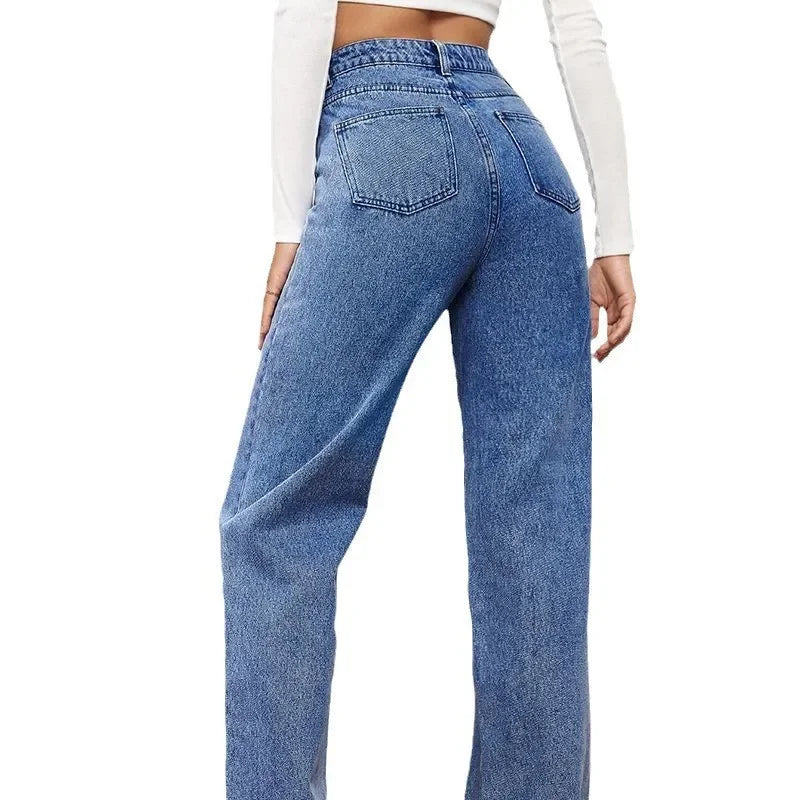 Jeans Women Long Pant Denim Pants Straight Trousers Elegant Splice Button High Waist Regular Casual Loose Autumn Winter